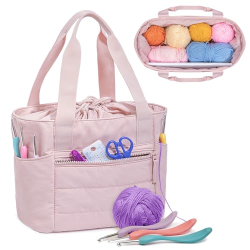 Teamoy Small Knitting Bag, Yarn Storage Tote, Crochet Bag Organizer, Pink - color: Pink