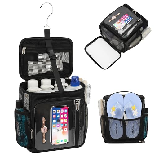 CUBETASTIC Hanging Shower Caddy Portable Bag - Quick Dry Shower Tote for Dorm College Essentials, Water-Resistant Travel Toiletry Bag with Separate Compartment & Multiple Pockets (Black, M) - color: Black