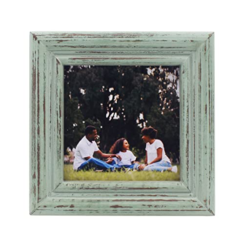 CVHOMEDECO. 4x4 Picture Frame Made of Solid Wood High Definition Glass Rustic Antique Designs Small Photo Frame for Tabletop Display and Wall Mounting, Distress Teal - color: Distress Teal B, size: 4" X 4"
