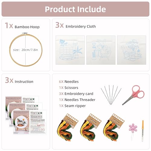 KEKEMEOW 3 Sets Embroidery Kit for Beginners, Stitches with Black Cat and Furniture, Embroidery Stitch Practice kit for Craft Lover, Needlepoint Hand Embroidery Kit with Pattern、Instruction、Hoop - color: Cat&Furnishings