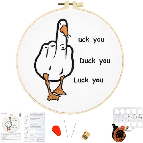 Middle Finger Duck Embroidery Kits for Beginners Adults, Funny Embroidery Starter Kits, Counted Cross Stitch Kits for Beginners DIY Craft Kits for Adult Women, Embroidery Hoop, Thread & Video Tutorial - color: H2041, size: 8Inch