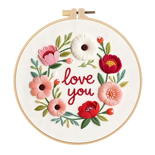 JJFox Embroidery Kit for Beginners and Adults, DIY Hand Embroidery Starter Kit with Cute Pattern, Cross Stitch Needlepoint Set with Hoop, Threads and Instructions (Love You) - color: Love you