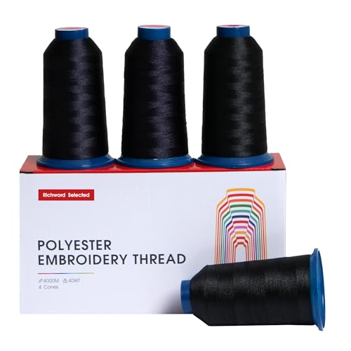 Poolin Black2 Embroidery Thread, Huge Spool Richword Selected 4 Rolls 4000M(4374Y) 40WT Polyester Thread for All Embroidery Machines - color: Black