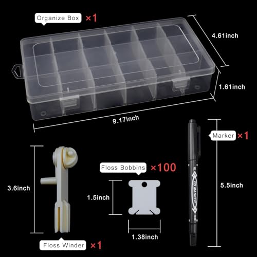 Embroidery Floss Organizer, 1 Removable 18 Compartments Cross Stitch Thread Storage Box with 100 Plastic Embroidery Floss Bobbins, 1 Floss Winder and 1 Marker - color: Transparent