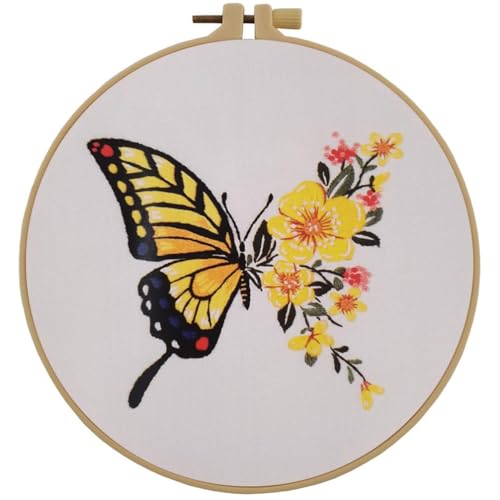 Esffaci Embroidery Starter Kit for Adult Beginner with Butterfly Flower Pattern Hand Embroidery Set with Cloth Hoop Needle Threader Floss and Instruction - color: Yellow
