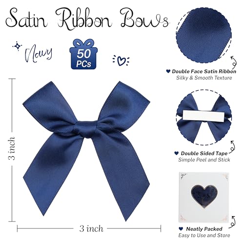Self Adhesive Navy Blue Satin Ribbon Bows for Crafts 3", 50 Pack - color: Navy Blue