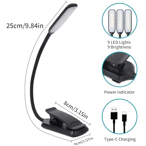 Rechargeable Book Light, Clip-On LED Reading Light, Eye-Caring - color: Black, size: Straight