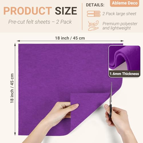Purple Felt Fabric Sheets 18" x 18" (2 Pack) 1.6mm Soft Craft Felt Squares - color: Purple