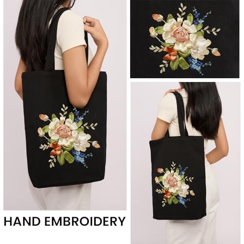 CREAWONDER Canvas Tote Bag Embroidery Kit with Pattern for Beginners, Arts and DIY Embroidery Crafts Kits for Adults, Include Instructions, Embroidery Hoops, Color Threads and Tool - color: Cr002 Xiaoqingxin06 Black