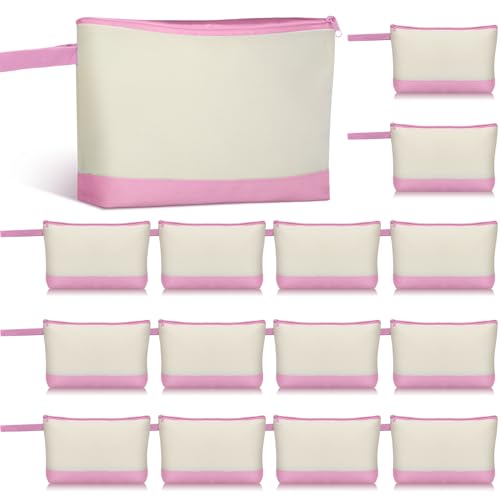 Silkfly 15 Pcs Cotton Canvas Makeup Bags Cosmetic Zipper Bags 10.2 x 5.5 x 2'' Blank DIY Pouch Bulk Pencil Case with Bottom Travel Toiletry Pouch for Women Craft Decor Gift (Beige and Pink) - color: Beige and Pink