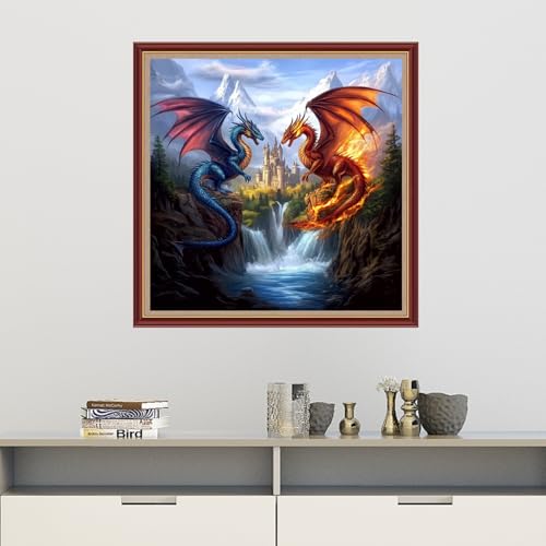 Dooxvey Cross Stitch Kits for Adults Beginners,Full Range of Cross-Stitch Stamped Kits Needlepoint Kits for Beginners Embroidery Kits 11CT Cross Stitch Patterns-Fire and Water Dragon Castle 18x18 inch - color: Magicolor05