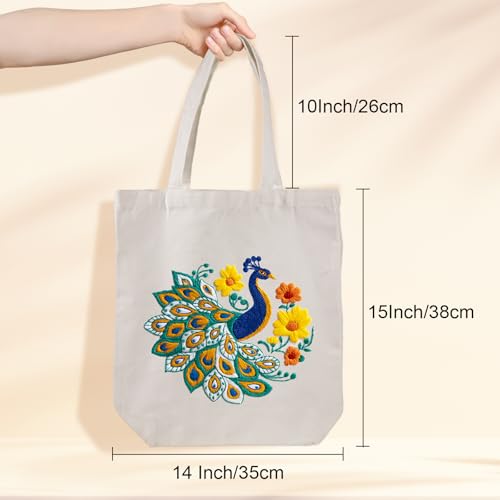 Louise Maelys Peacock Flower Embroidery Kit for Beginners Canvas Tote Bag - color: Peacock