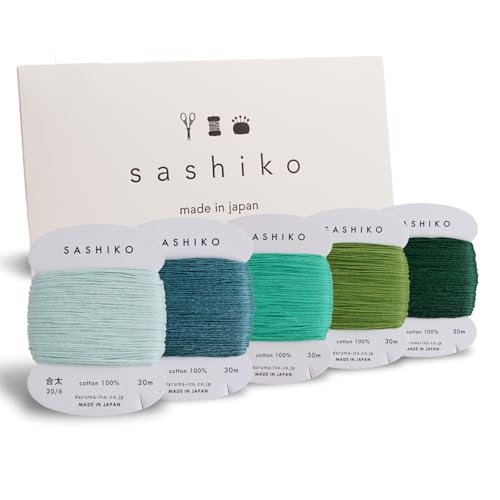 DARUMA Sashiko Thread 100% Cotton Card Type (32.8 yd) x 5 Colors with English Manual, Sewing & Embroidery Value Set with Gift Package(Thick, Komorebi) - color: Komorebi, size: Thick