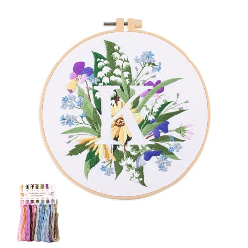 artcici Embroidery Kits Plant Flower Leaf English Letter Patterns for Beginners Adults, Full Range Embroidery Starter Kits Cross Stitch Needlework Supplies (Letter K) - color: Letter K