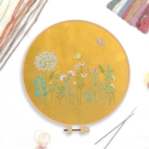 CREAWONDER Canvas Tote Bag Embroidery Kit with Pattern for Beginners, Arts and DIY Embroidery Crafts Kits for Adults, Include Instructions, Embroidery Hoops, Color Threads and Tool - color: CR002 banmeng yellow