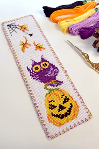 Povitrulya Halloween Owl - Counted Cross Stitch Kit with Halloween Pumpkin Jack-o'-Lantern - DIY Hand Embroidery Bookmark - color: Owl