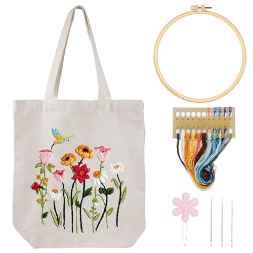 Louise Maelys Canvas Tote Bag Embroidery Kit, Hummingbird Floral Pattern - color: florals