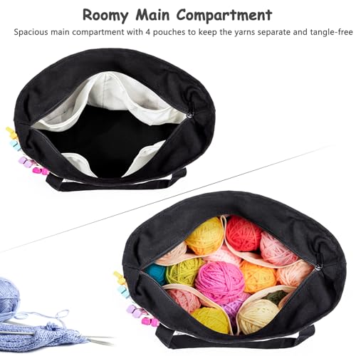 MYBAGZING Canvas Yarn Storage Organizer Bag Washable Crochet Bag with Pockets for Yarn, Hooks, Needles – Travel Knitting Tote for Crafters – Gift for Crocheters & Knitters (Medium/Large) - color: Nature-Black, size: Large-15”
