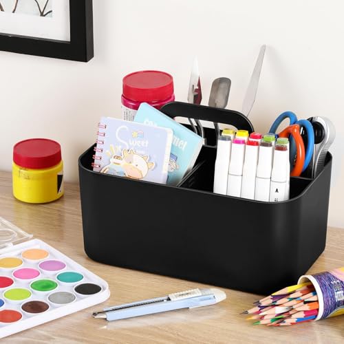 Multiuse Caddy Organizer with Handle, Portable Divided Plastic Tote Bin - Art Craft, Stationary Pen Marker Crayons, Makeup Hair Supplies Storage - Bathroom, Classroom, Dorm, Office, Desk Holder -Black - color: Black