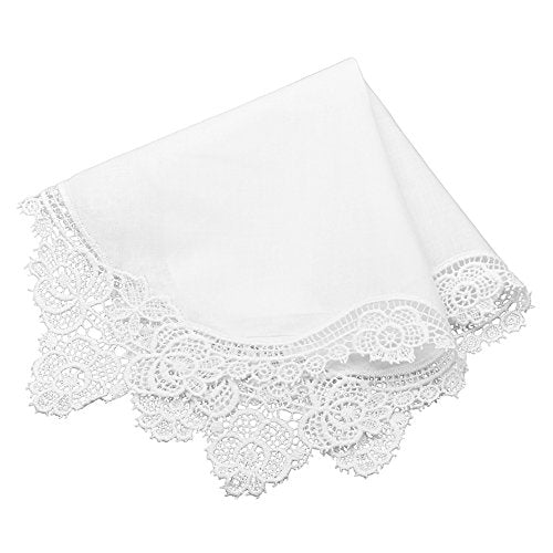Milesky White Wedding Handkerchief Pure Cotton, Soft Ladies Hanky with Crochet Lace - color: Ch02