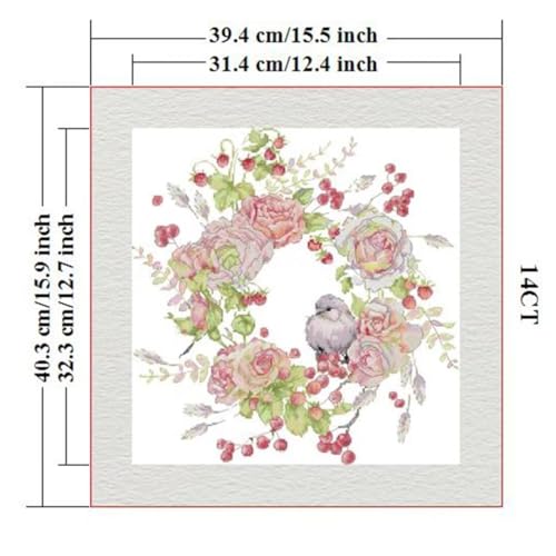 ITSTITCH Stamped Cross Stitch Kits - Full Set of Embroidery for Beginners or Adults,14 CT 2 Strands DIY Birdie Rose Wreath Patterns Counted Arts Craft 15.3×15.7 inch - color: Birdie Rose Wreath