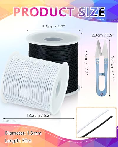 2 Rolls FIVEIZERO Black White Elastic Bracelet String,1mm,1.2mm,1.5mm Elastic Cord for Beading Stretchy String with Beading Needle for Bracelets, Sewing, Necklace, Jewelry Making and Crafts - size: 1.5MM, style: Black White