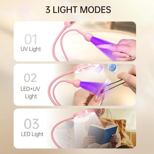 AORAEM LED UV Nail Lamp with Double-Head and 6X Magnifier, Pink - color: Magnifier-Pink