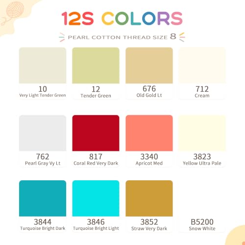 Size 8 Double Mercerized Egyptian Long Staple Cotton Pearl Thread 12 Gradient Colors per Box 5 Grams Ball Rainbow Color Embroidery Thread for Crochet Cross Stitch Hand Embroidery (12S) - color: 12S