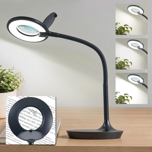 3X+6X Magnifying Glass with Light and Stand, Dimmable LED Magnifying Lamp - color: Black