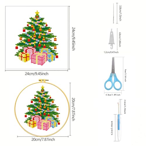Zhenqing Christmas Tree & Bells Cross Stitch Kit with Hoop - 11CT Pre-Printed 24x24cm Fabric & Complete Tools for Beginners (68321) - style: Christmas Tree & Bells