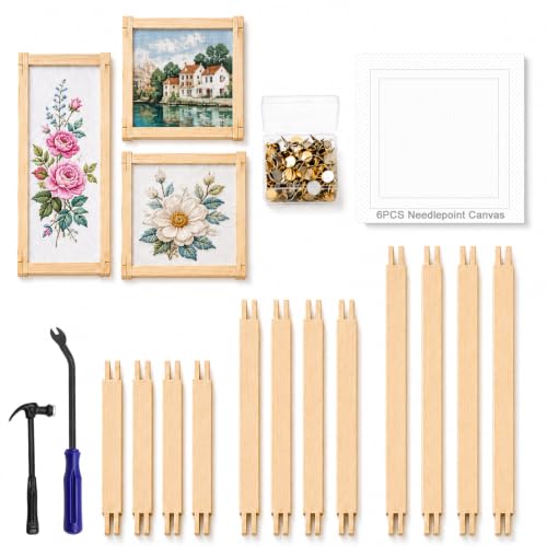 ZOCON 12PCS Needlepoint Stretcher Bars with 3 Sizes, Wooden Stretcher Bars for Needlework Needlepoint Embroidery Stitch Frame, Include 6 PCS of Needlepoint Canvas and Other Needlepoint Accessories
