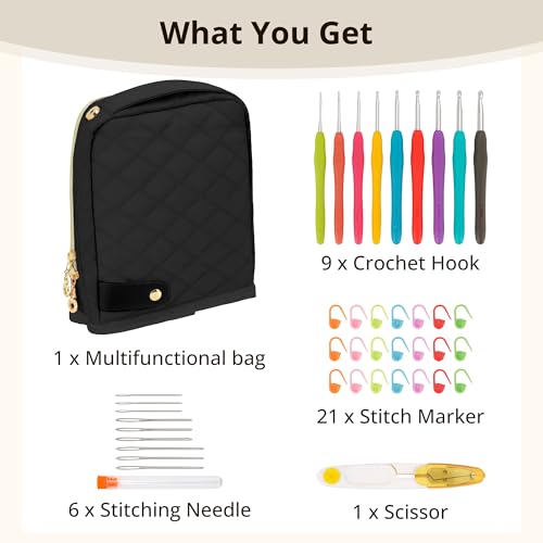 BAGCRAZY Stand-Up Crochet Hook Case Organizer, Travel Craft Holder with Phone Pocket, Quilted Bag with 9 Hooks, Needles & Scissors, Gift for Crochet Lovers – Black - color: Black