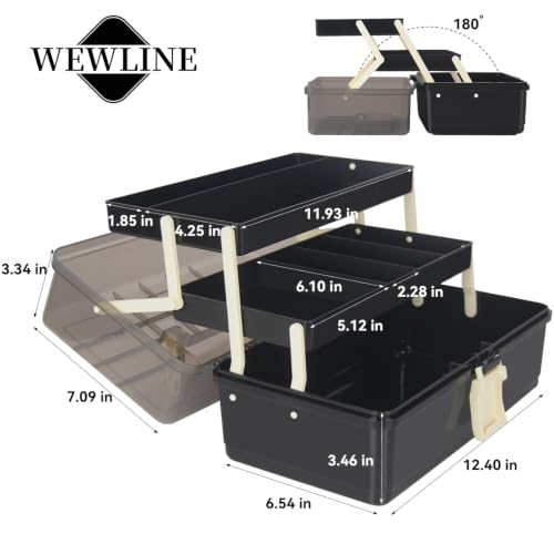 WEWLINE 13-Inch Art Storage Box 3-Layers Plastic Storage Box with Handle Craft Art Bin Portable for Home School Office Travel, Black - color: BLACK