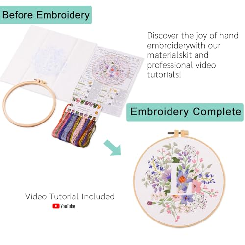 Harimau Letter L Pattern Embroidery Kit for Adult Beginners, Complete Starter Pack with 1 Hoop, Needles, Instruction Guide & Embroidery Stitch Video Tutorials - color: L