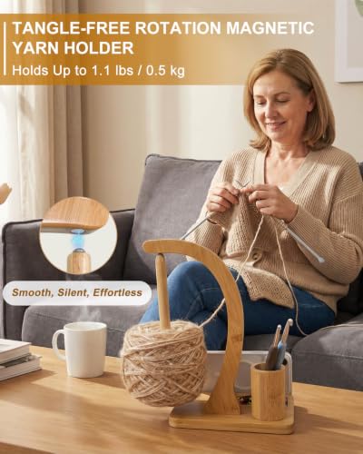 SPEENSUN Magnetic Bamboo Yarn Holder with Phone Stand, Natural - color: Natural