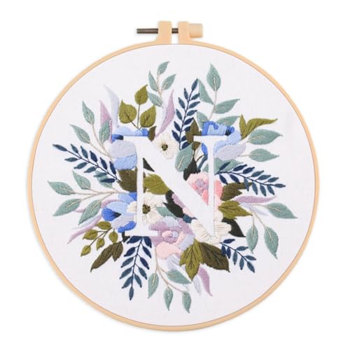 IUHUI Embroidery Kit for Beginners Adults - 26 Floral Letters Easy Patterns, DIY Hand Stitching Embroidery Set with Hoop (Flower and Grass Letter N) - color: Flower and Grass Letter N