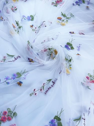 Elegant White Lace Fabric Tulle Fabric by Yard Colorful Floral Embroidery, 35x51in - Soft Tulle for DIY Dresses & Wedding Gowns, Hand Wash Only (White, 1 Yard（35x51in）) - color: White, size: 1 yard（35x51in）