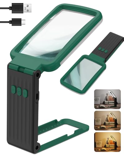 15X Magnifying Glass with Light and Stand, Rechargeable Folding Handheld Real Glass Magnifier, 3 Color Modes Dimmable Lighted Page Magnifying Sheet for Seniors Low Vision Small Prints - Green Black - color: Green-black