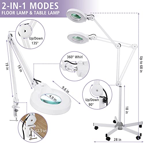 LANCOSC 12X Magnifying Glass with Light and Stand, Floor Lamp with 5-Wheel Rolling Base for Facials Lash Estheticians, 2200 Lumens Dimmable LED Lighted Magnifier for Reading Sewing Crafts Close Work - size: 12X