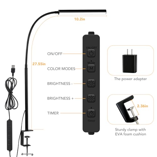 LED Desk Lamp with Clamp, 1200 Lumens Eye-Caring Desk Light for Home Office - color: Black, size: Mini