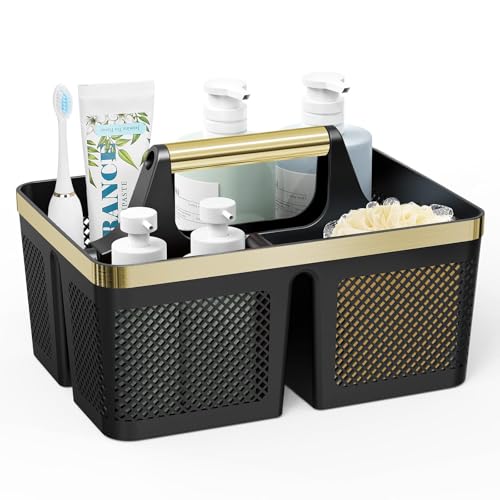 BYUNER Shower Caddy Dorm Men: Plastic Bathroom Caddy Organizer with Handle and Holes, Bath Caddy for College Dorm, Portable Shower Basket Tote for Toiletry, Travel, GYM, Camp Essentials Black/Gold - color: Black/Gold