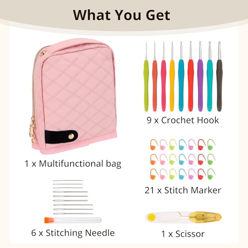BAGCRAZY Stand-Up Crochet Hook Case Organizer, Travel Craft Holder with Phone Pocket, Quilted Bag with 9 Hooks, Needles & Scissors, Gift for Crochet Lovers - color: Pink