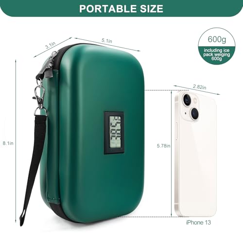 Insulin Cooler Travel Case TSA Approved 2*180g Ice Pack,Temp Display - color: Green