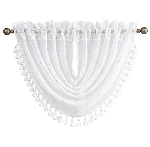 White Waterfall Valance Curtain with Gray GEO Embroidery, 56"x38", 1 Piece - color: White (Embroidered), size: 56"W x 38"L (Pack of 1)