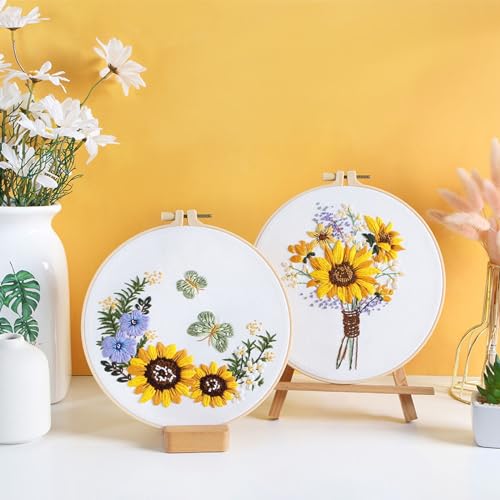 GLTAYLMY 3 Sets Embroidery Starter Kit with Pattern and Instructions, Cross Stitch Set, Stamped Embroidery Kits with 3 Embroidery Clothes with Pattern, 1 Embroidery Hoop(Sunflower) - color: Sunflower
