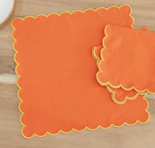 PurpleEssences Scalloped Cloth Napkins 18x18 in - Orange Edge Golden Yellow - color: Orange(edges- Golden Yellow)