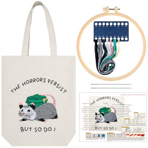 Sadnyy Possum Canvas Tote Bag Opposum Embroidery Kit for Beginners Cross Stitch Kits with Needles Thread Instruction for Adults Arts DIY Crafts Possum Needlepoint Women Shopping Reusable Grocery Bags