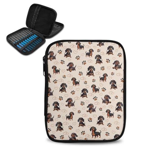 Kathyboom Dachshund Paw Print Crochet Hooks Case - Large Empty Zipper Bags - Portable Travel Storage Bag Organizer with Web Pocket and Crochet Holder Slots for Needles - color: Dachshund Paw Print
