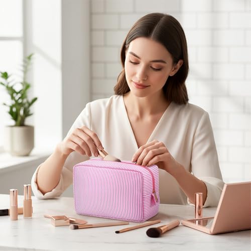 Sanwuta 10 Pcs Seersucker Cosmetic Bag Seersucker Makeup Bag Women Stripe Large Travel Toiletry Organizer Preppy Storage Pouch for Embroidery Wedding Bridesmaid Bride Mom (Pink) - color: Pink