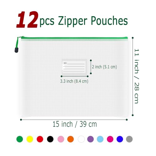 Plastic Mesh Zipper Pouch, 12Pcs Zipper File Bags with Label Pocket, Game Boards Storage Bags, Waterproof Document Storage Bags for Office Home Travel Cosmetic (B4 Size 15x11 in) - size: B4 Size 15x11 in